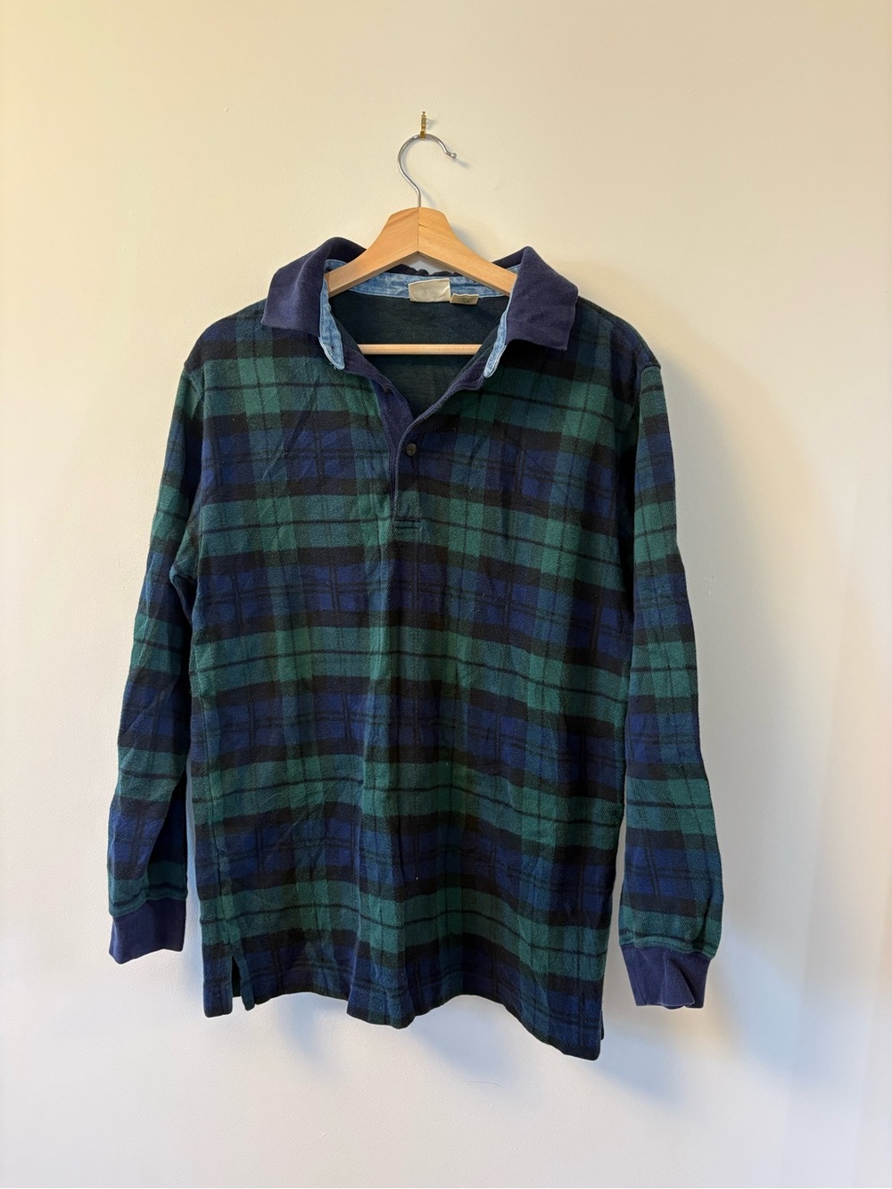 LL Bean Men's Green & Navy Plaid Long-Sleeve Rugby Shirt Small